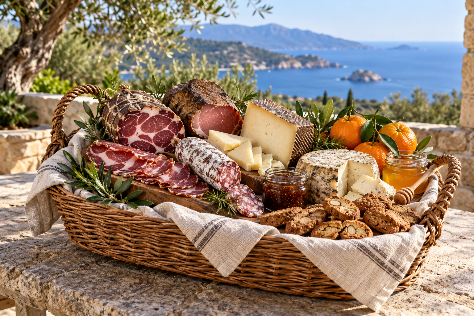 Suggestion de panier gourmand avec charcuterie, fromages, miel, confiture et spécialités corses